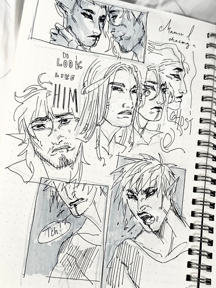 a page of doodles of valentino and crow, one doodle have val holding crow’s cheek. a small series of headshots between valentino looking at a man that reminds him of his old paramour. a set of panels with a frustrated crow bursting in anger