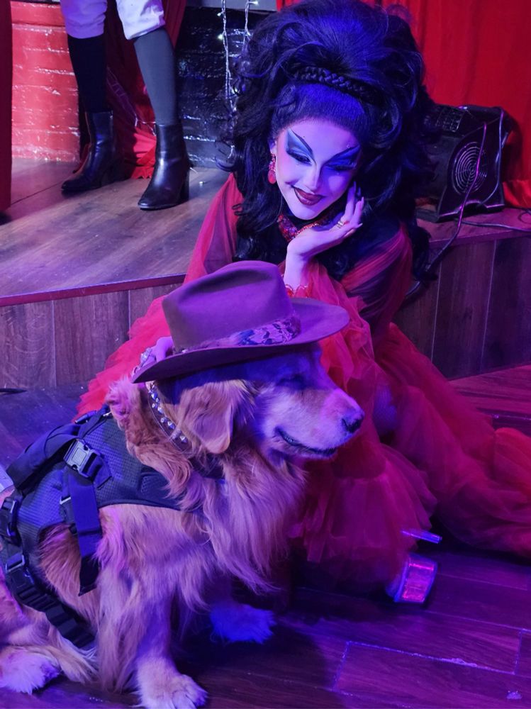 A drag queen sits with an elderly golden retriever on the edge of a stage at a nightclub. She’s wearing a large red robe smiling down at him. He is wearing a cowboy hat, very handsome. 