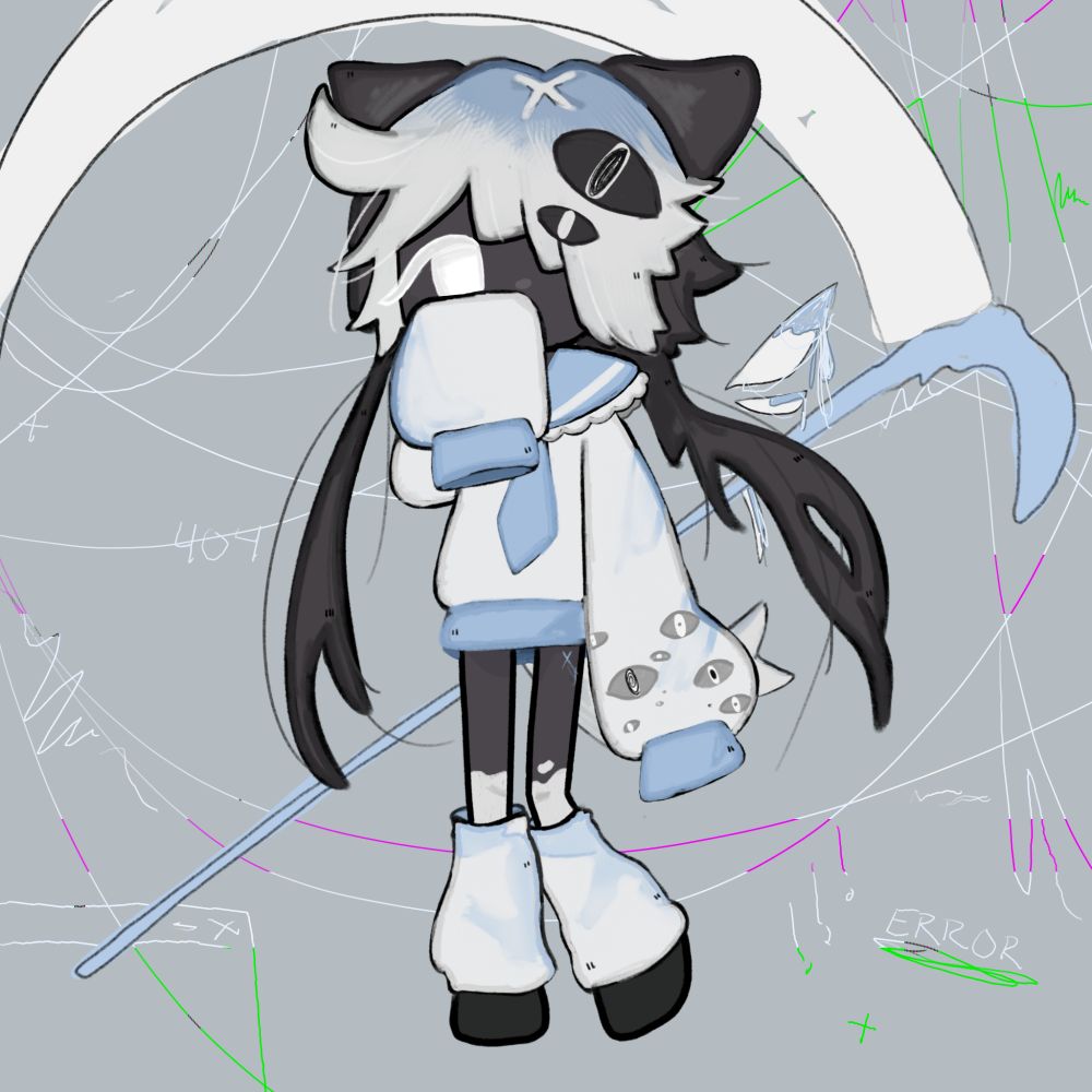 doodle for @n0oa7

Their character is standing shyly with a white and light blue color scheme with dark grey/black skin and hair
There's lots of white and glitched wires in the background