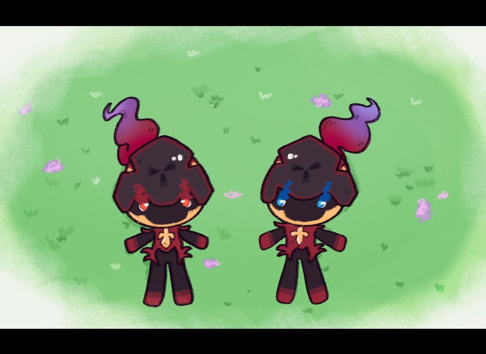 doodle of 2 charcadet pokemon laying down next to each other in a field of grass.

This is a scene from the Poketoons about Charcadet, Armarouge and Ceruledge.