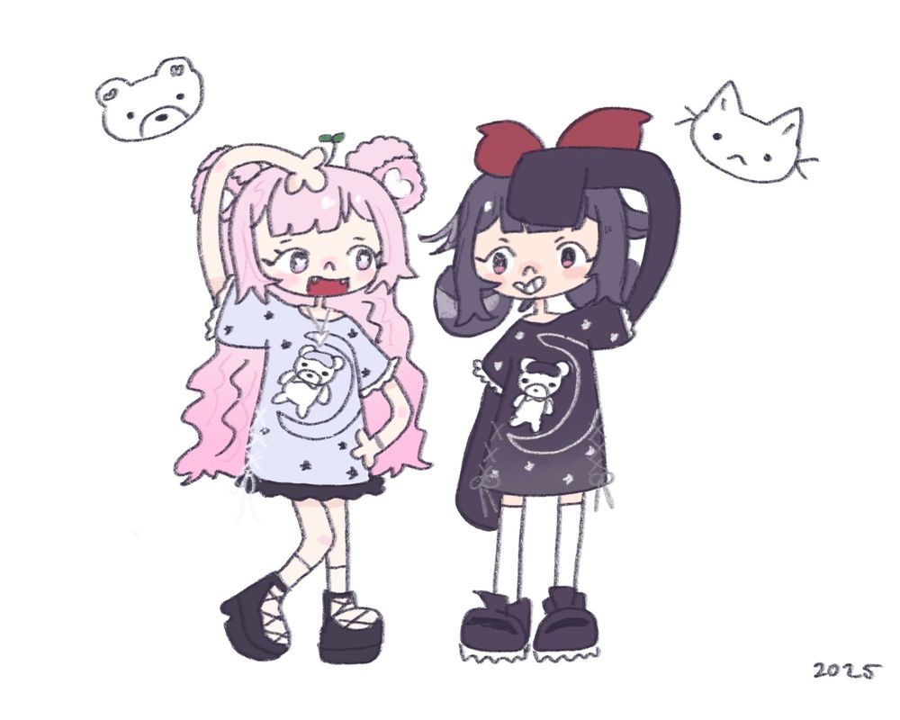 doodle of Kuma and Tama in matching bear Noemie oversized shirts
they're making a heart with one arm reaching over their head.