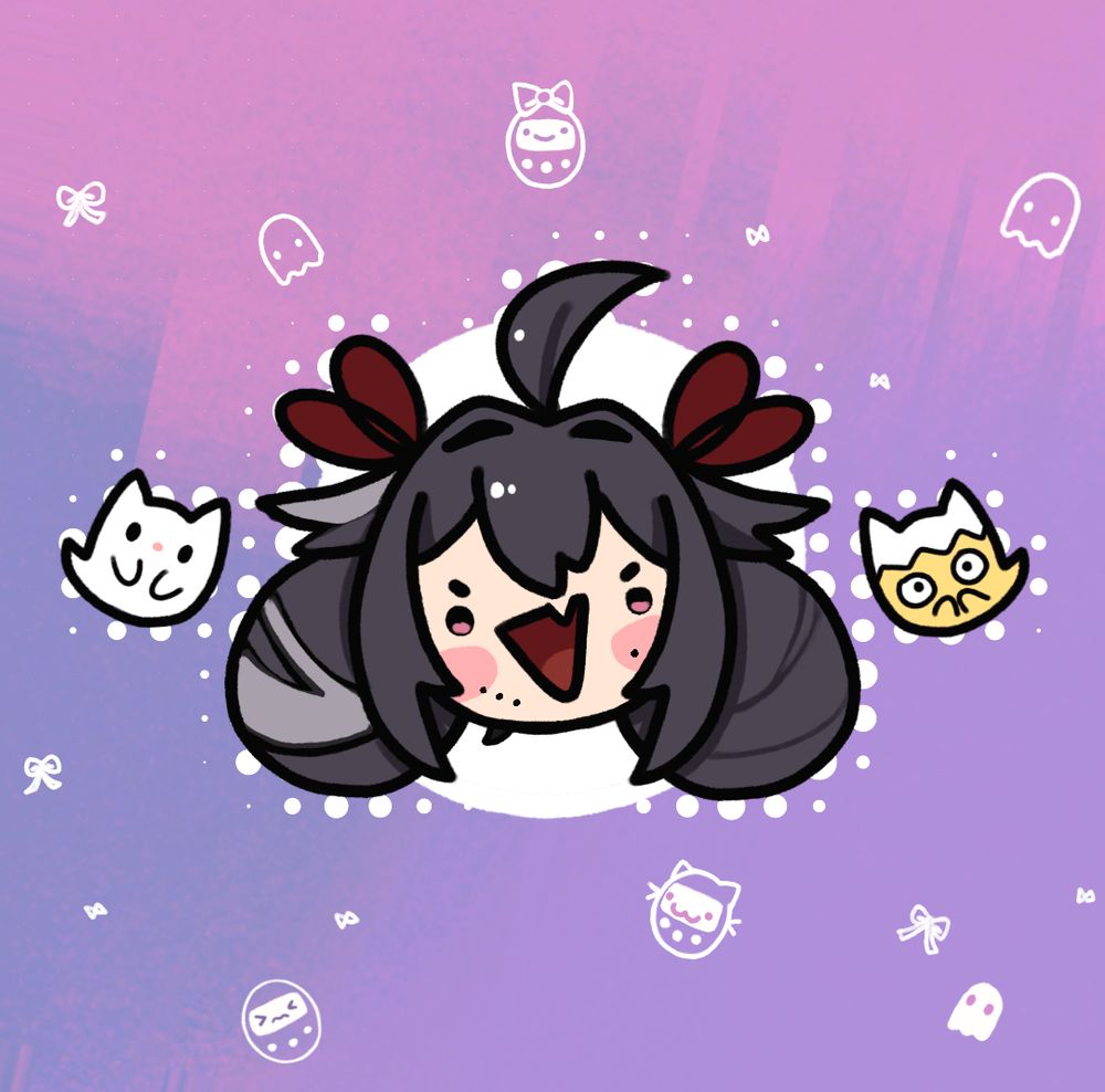 doodle headshot of tamaghostie and two ghost cats (echo and mimi)
pink and purple gradient background with white doodles of ghosts and tamagotchis.