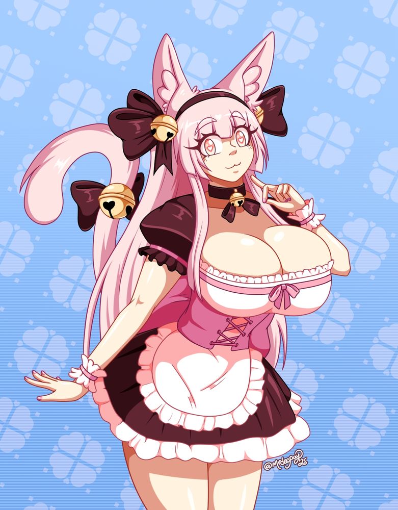 It's Utie Bell!  She's a pink-haired catgirl with pink eyes with heart pupils.  She's wearing a pinkish-black maid uniform (which shows off just how well-fed she is) with white frills, apron, and pink accents strewn about.  She also has a black hairband with matching bows on her ears, tail, and choker; all of which decorated with gold bells.