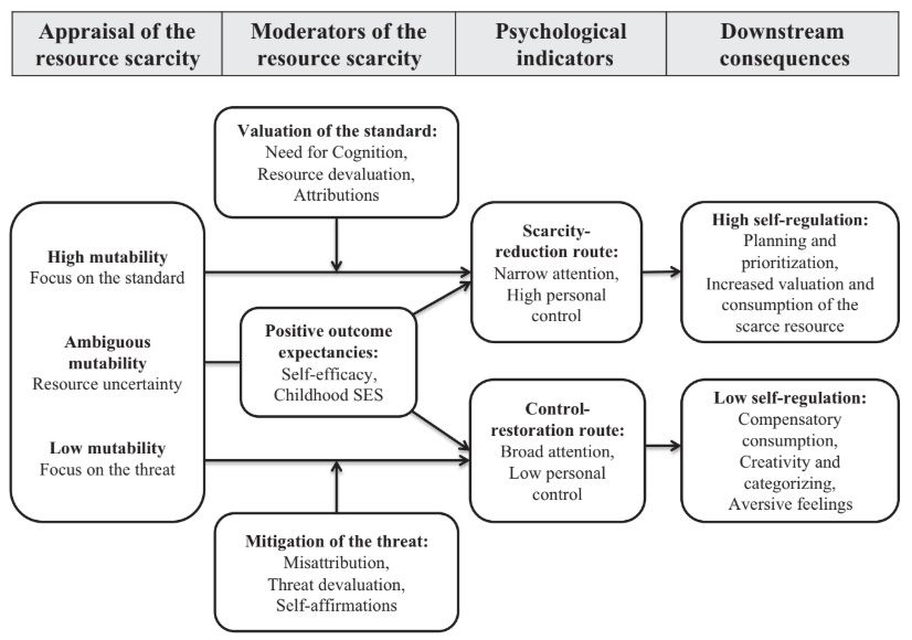 Figure illustrating the self-regulatory model of resource scarcity. Figure 1 in the linked article. There are two routes through which consumers attempt to cope with resource scarcity: 1) Scarcity-reduction. When consumers believe they can change the situation (high mutability), they invest efforts to acquire and/or save the scarce resource. 2) Control-reduction. When consumers believe they cannot change the situation (low mutability), they attempt to restore their sense of control and/or security.