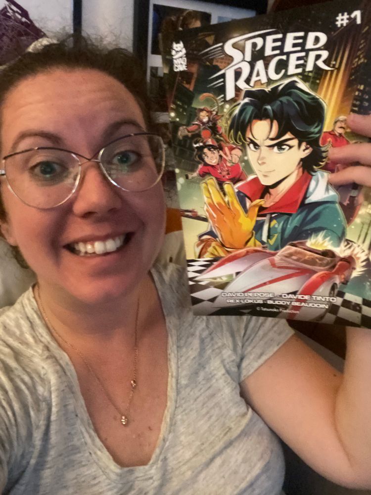 Meghan holds up Speed Racer issue 1