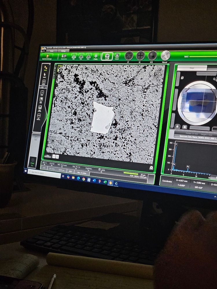 Computer screen showing an SEM image of a nicely formed grain of Ilmenite (titanium iron oxide) within the thin section of fossilized dinosaur skin being analyzed.