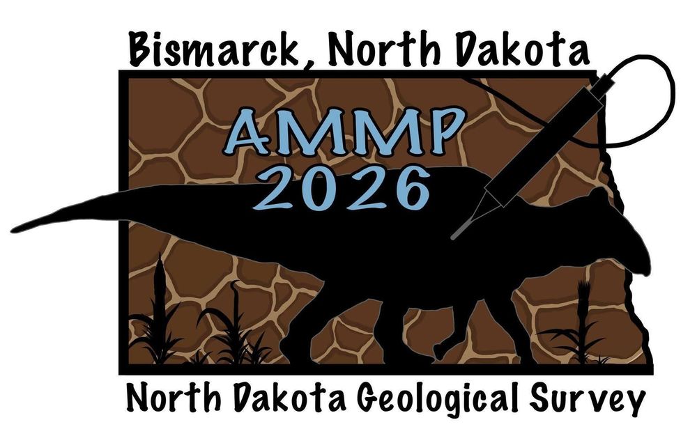 The logo for the 2026 AMMP meeting in Bismarck, ND. The outline of a hadrosaurid dinosaur is overlaid on a pattern of fossilized dinosaur skin in the shape of the state of North Dakota.