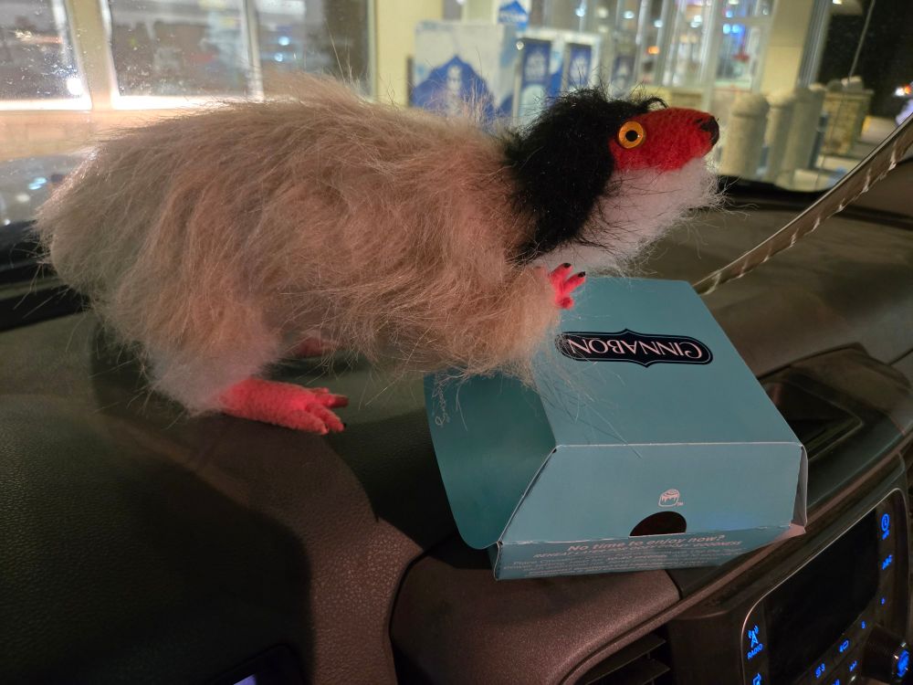 Photograph of a plushie Kulindadromeus holding a take out container from Cinnabon. They are placed on the dash of a truck.