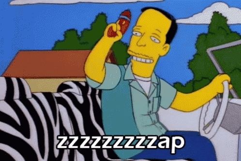An image from the simpsons of the antique store owner firing a toy lazer gun while saying Zap.