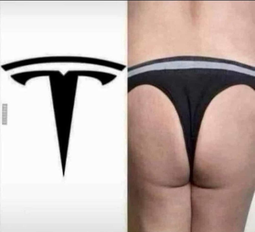 A split image. On the left, the Tesla 'T' logo in black on a white background. On the right, a close-up photo of a person's lower back and buttocks, showing dark underwear that closely resembles the shape of the Tesla logo. The underwear is pulled up high, creating a 'wedgie' effect that mirrors the pointed bottom of the 'T'.