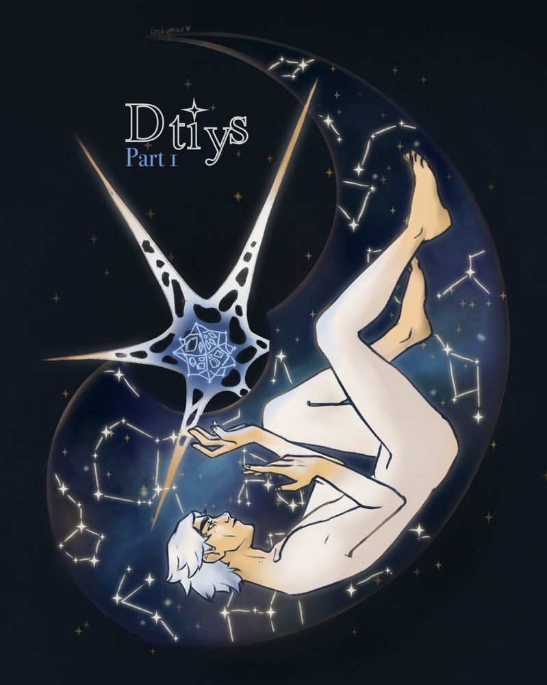 Company in Solitude: A SkyVik Zine presents the first part of the DTIYS challenge.
In this art, we can see the astral form of Viktor in one of the halves of the Ying-Yang symbol. The anomaly appears in the middle of the art.
The background resembles a galaxy.