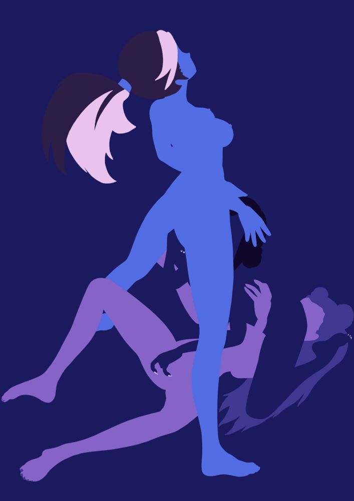 Akali and Kai'Sa from K/DA, and Zoey from K-Pop Demon Hunters, in a minimalist style. 
They are all naked, with Kai'Sa lying down, as Zoey sits on her face.
Akali is standing above them. 
Zoey is fingering Kai'Sa's pussy and Akali's ass (don't worry, those specific fingers have their nails trimmed), while also eating out Akali's pussy, with Akali holding Zoey's head gently. 
Kai'Sa has one hand on Zoey's back and the other on Akali's thigh.