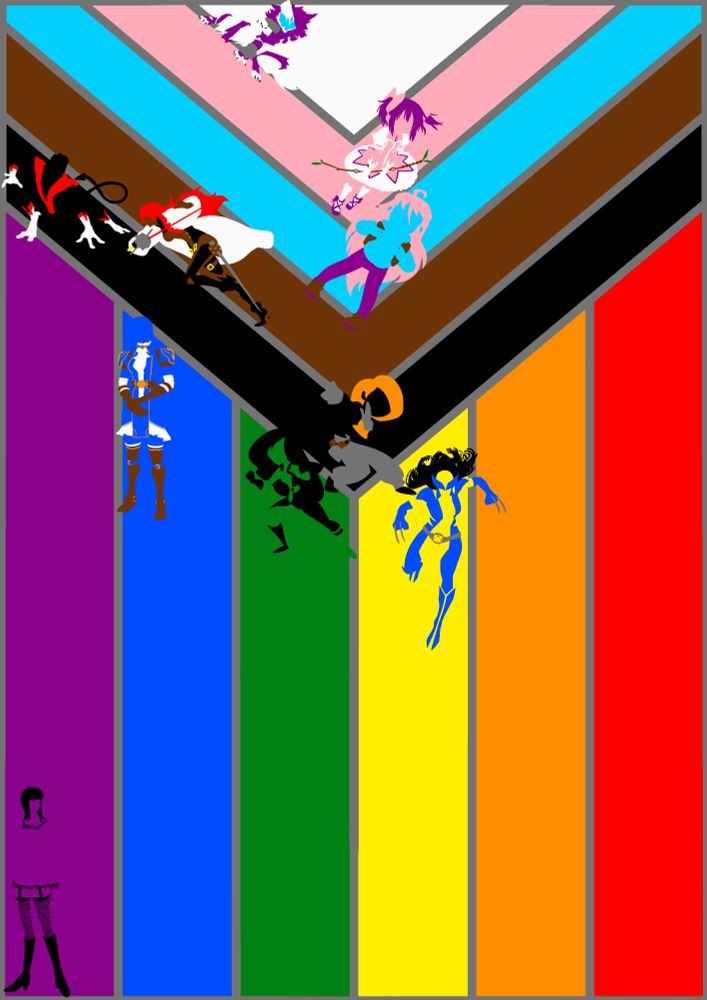 A Pride Flag filled with characters. 
Yellow: 
Wolverine (X-23)
Green:
Shego
Blue:
Caitlyn Kiramman
Purple:
Nico Robin 
Black:
Kim Possible 
Nightcrawler 
Brown: 
Mitsuru
Cyan:
Madeline
Pink: 
Madoka
White: 
Alopex 