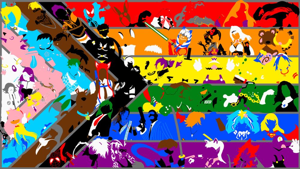 A pride flag with various characters.

White:
Eito Aotsuki, Gilded Siren (OC), Kyubey

Pink: 
Clefable, Spookum McGookums (OC), Vanille, Callie Briggs, Amy Rose

Cyan:
Rosalina, Uma Wumpa (OC), Cove Holden, Yuki (OC), Samus

Brown:
Copperhead, Nyla (OC), Clear (OC), Scooby Doo, Merde Arianne (OC)

Black:
Rumi, Sailor Starfighter, 2B, Rina (OC), Miles Morales

Red:
Scarlet Spider, Bunny (OC), Grell Sutcliff, Chandra Nalaar, Jessica Rabbit, Red She-Hulk

Orange:
Fink (Wild Robot), Ashoka Tano, Chiori, Yixuan, Garfield with Pooky

Yellow:
Ami, Bill Cipher, Wario, SpongeBob with Gary, 2D

Green:
King K Rool, Nissa, Spartan-1337, Vector, She-Hulk

Blue:
Fang, BLU Spy, Duke (OC), Lily Oshikawa, Supergirl

Purple:
Yin, Veil (OC), Shade (OC), Vix (OC), Vere, Waluigi 