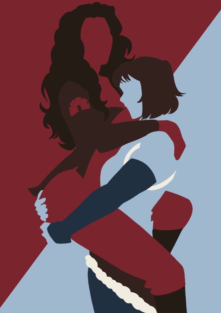 Korra and Asami from Avatar: The Legend Of Korra in a minimalist style.
Korra is standing and holding up Asami, by cupping her butt.
Asami has her legs wrapped around Korra's torso, while holding her shoulder. 
The background is split in dark red and light blue. 
Asami is wearing dark red pants and a shirt in the same colour. Her jacket is brown. 
Her long hair is a slightly darker brown, as are her knee high boots. 
Korra is wearing a light blue top, dark blue arm guards and pants in the same colour. 
Her hair is brown and shoulder length.