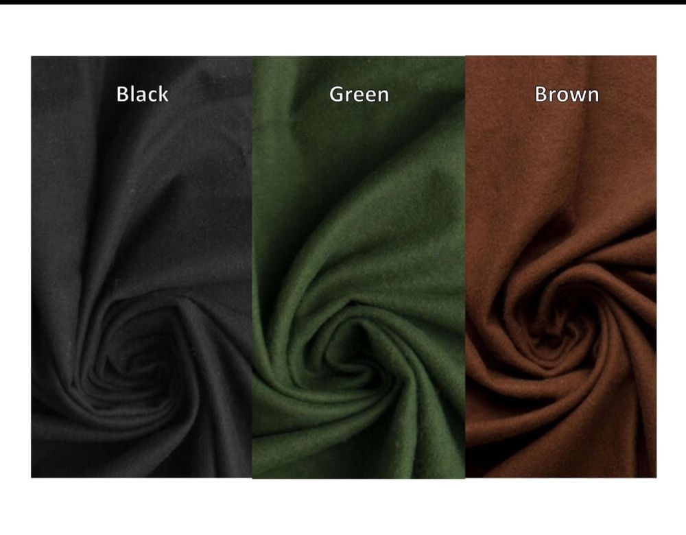 Fabric samples from left to right: black, green, brown.