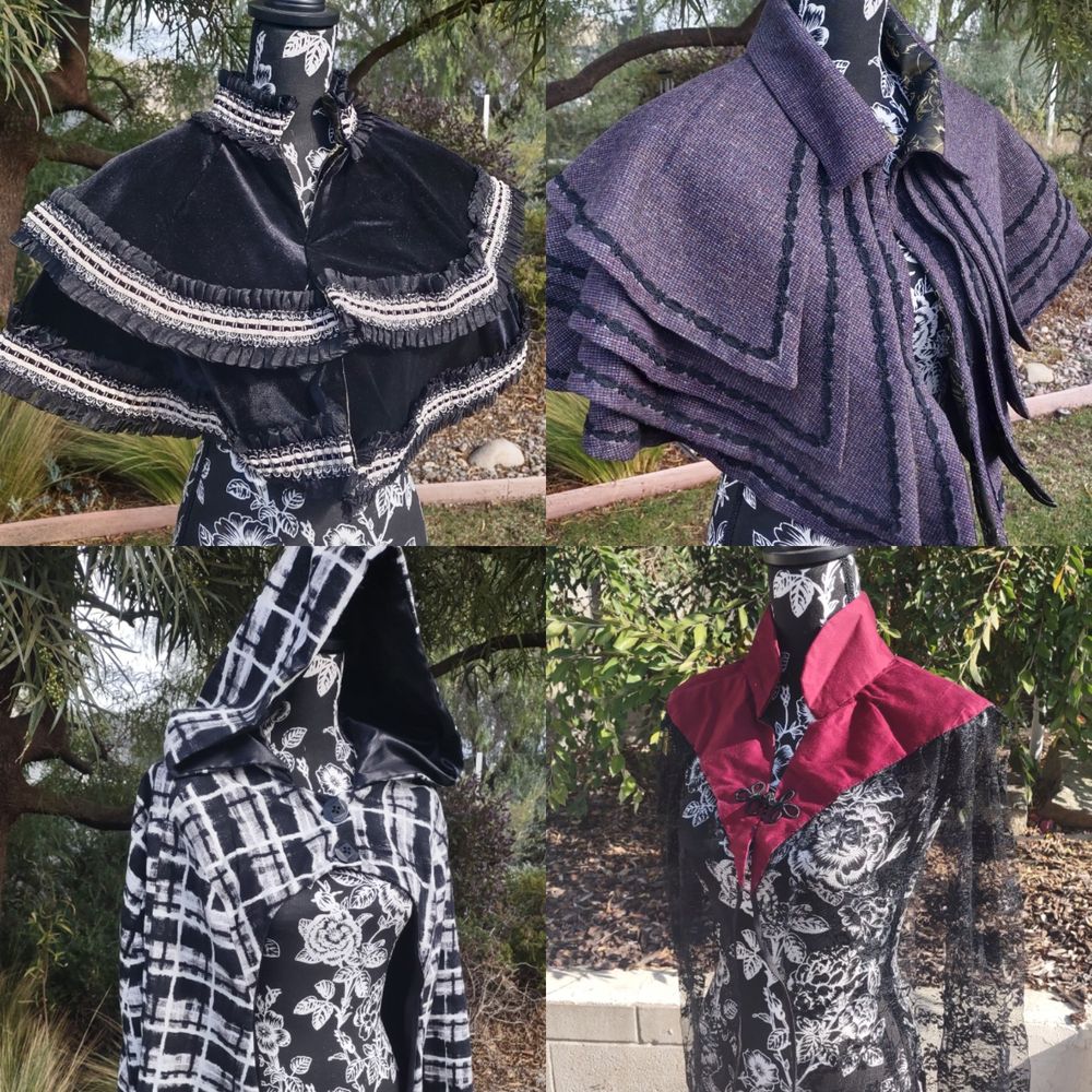 Top left corner: black velvet cape with ruffled, black and white trim.
Top right corner: purple wool cape modeled after carrick coats with black trim.
Bottom left corner: black and white, striped, long cape that glows in the dark.
Bottom right corner: red sateen cape with black lace gathered along the bottom.
