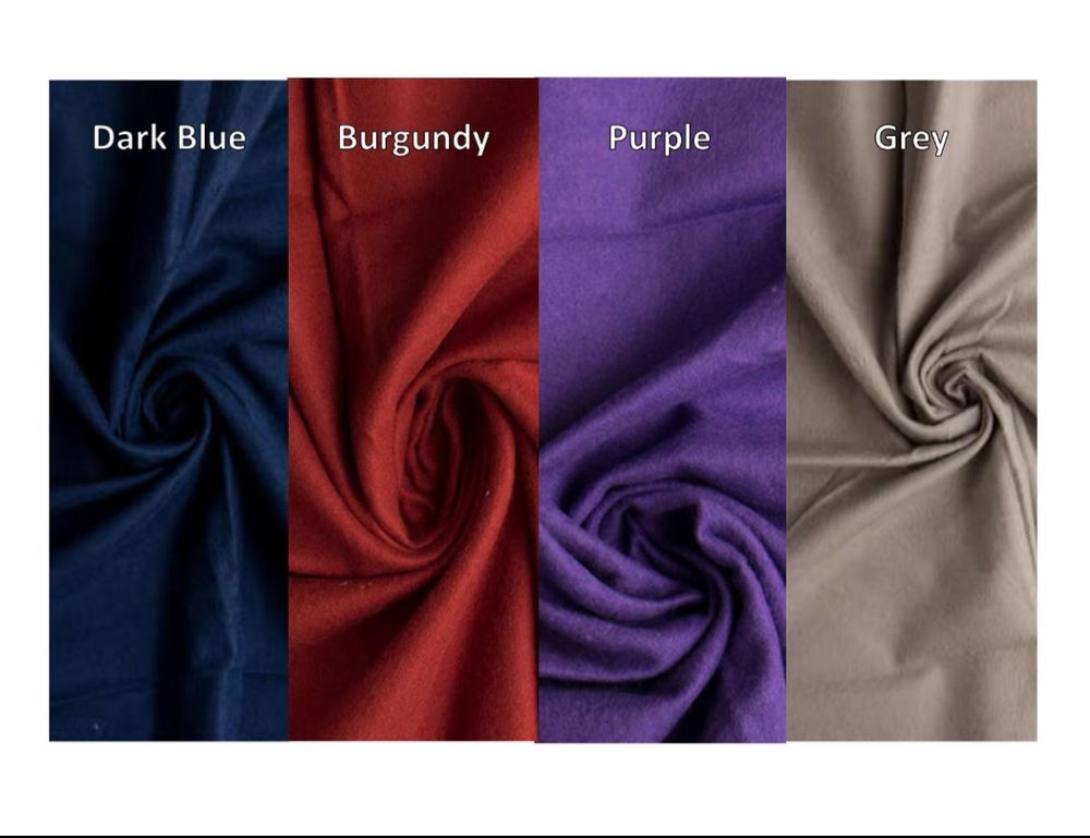 Fabric samples from left to right: dark blue, burgundy, purple, grey.