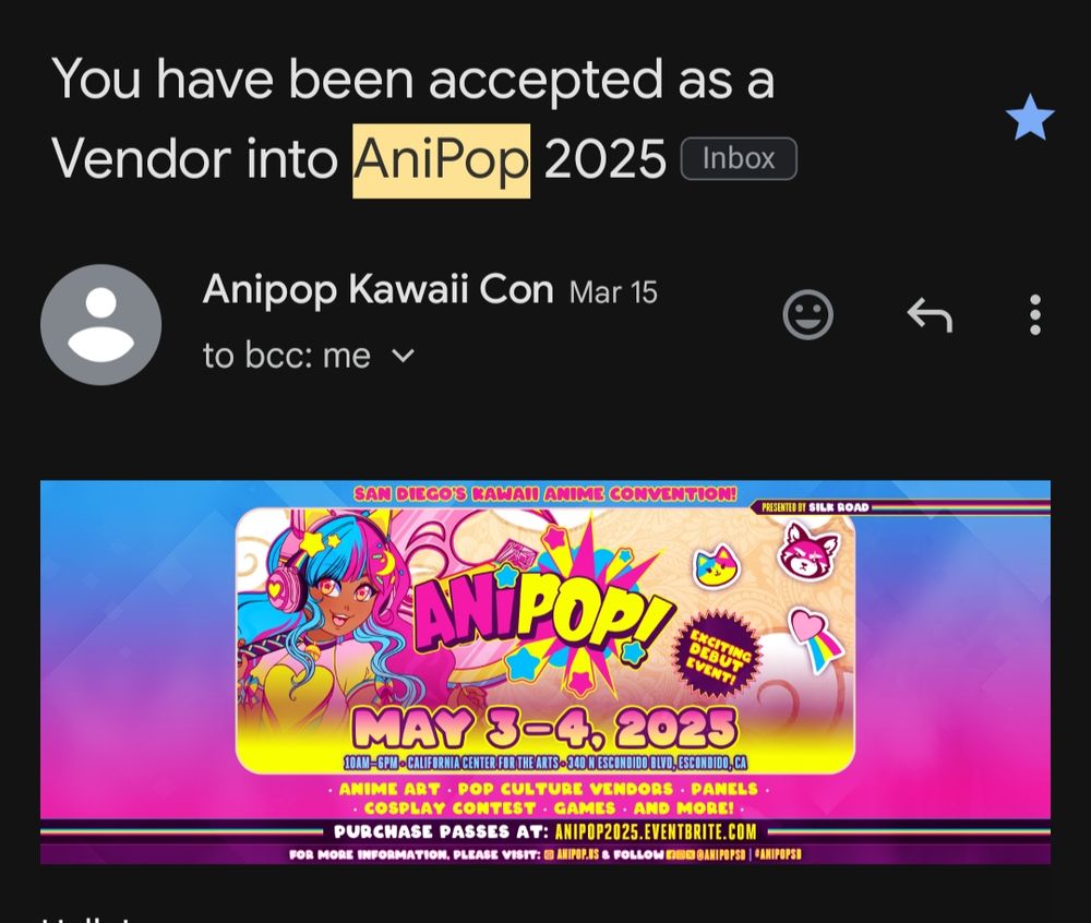 Email displaying that Sharron's Shop has been accepted into AniPop. 