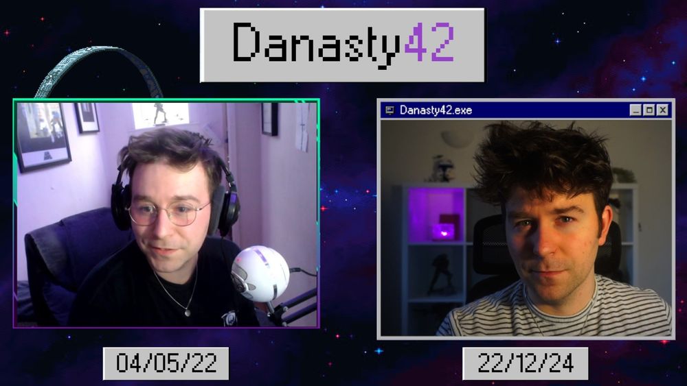 A comparison image showing Danasty42 during his first stream (04/05/22), and during one of his most recent streams (22/12/24)