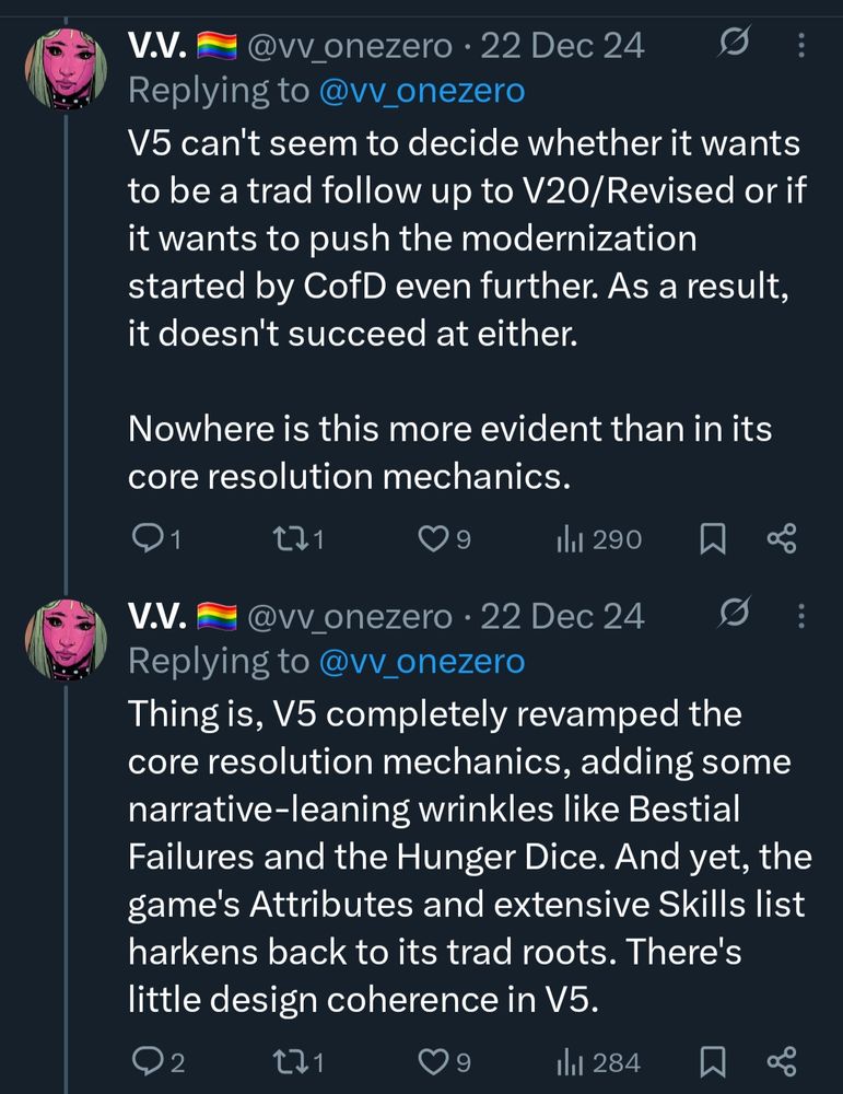 A screenshot of a twitter thread highlighting the issues with V5's game design, focusing on the Hunger dice and core resolution rules