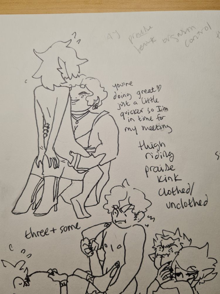 photograph of a lined drawing. Kiigari rides on Chaar's thigh. Chaar is clothed and complimenting Kii. Kii is naked. chaar: "you're doing great, just a little quicker so I'm in time for my meeting" text reads: "thigh riding, praise kink, clothed/unclothed"