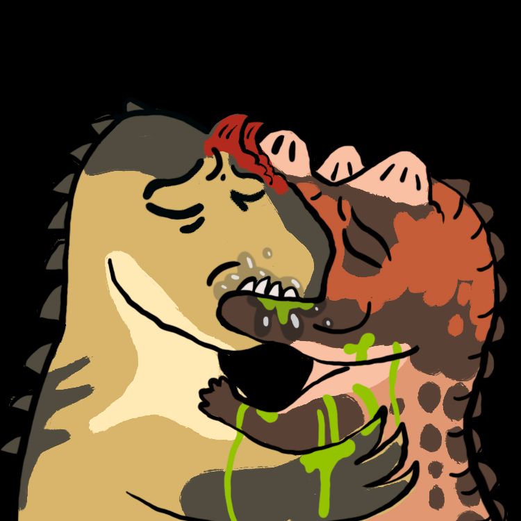 an allosaurus and ceratosaurus are seen macking it in a cartoonish style, with excessive drool and green mystery discharge oozing from their mouths. 