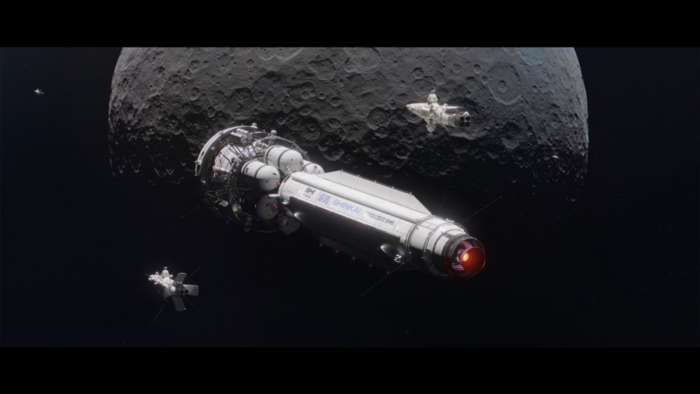 Ceres orbit, SHI Shinkai with its escort ships conducting inspection after first short firing of the Tandem Mirror Fusion Drive. Nozzle is still glowing hot from residual heat.