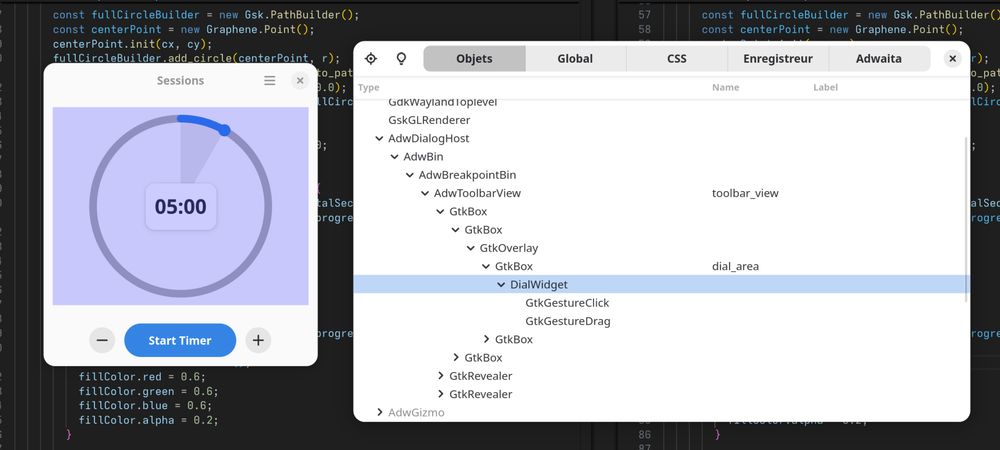 Sessions running with the GTK inspector open. A custom widget shows up in the inspector.