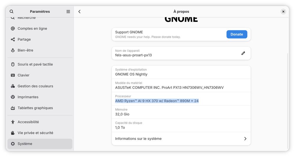 The "about system" panel in GNOME settings for my computer