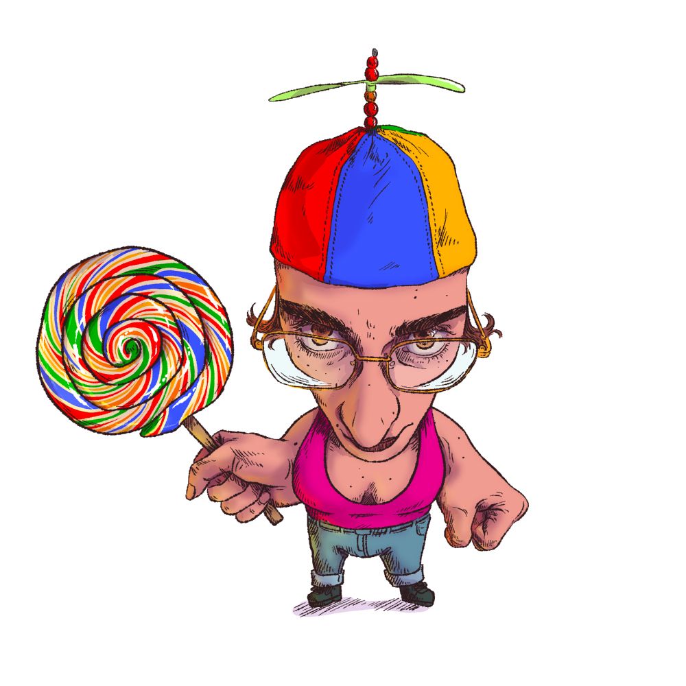 Dessin de moi avec un propeller hat et une comically large lollipop
