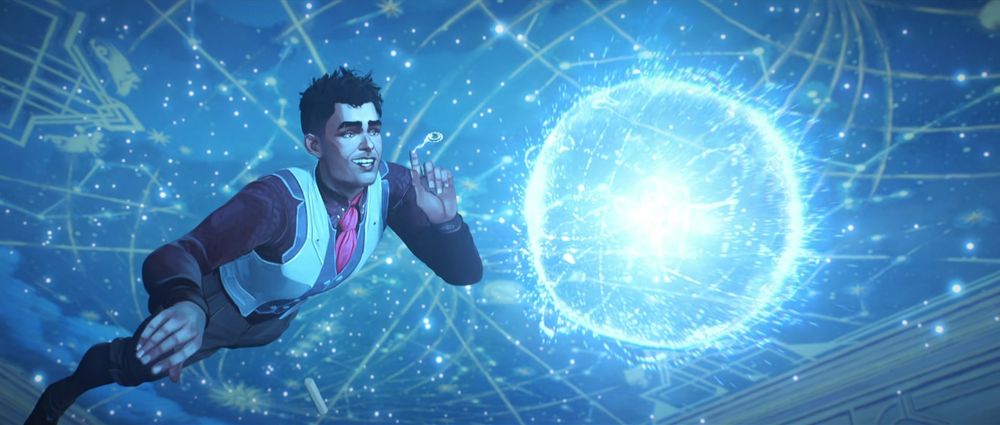 Jayce, in his academy uniform, floats in an anti gravitational field created by Viktor and Jayce's experiments on the hex crystals. There's lines and patterns made of light on the blue ceiling and sparkles that look like stars. In the middle of the room is a glowing sphere of light. Jayce smiles as he pushes a cog through the air with his finger.