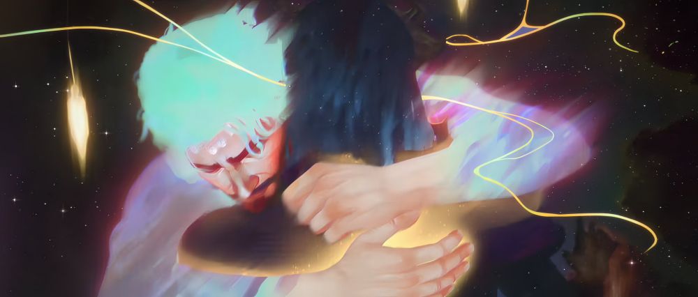 An iridescent Jayce hugs, Viktor, who is in his Machine Herlad form, in the astral plane. The gold figures of the people Viktor is puppeteering float in the background. Gold strings flit across the screen. 