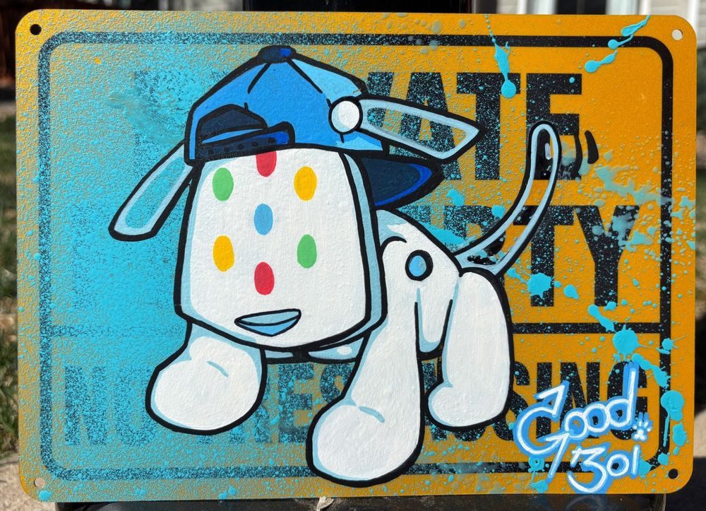 Furry art of an idog, the cute little speaker dude from the early 2000s 

Painted on a 7”x10” metal No Trespassing sign 

Will be available at FWA, I hope to have prints available for this one as well! 