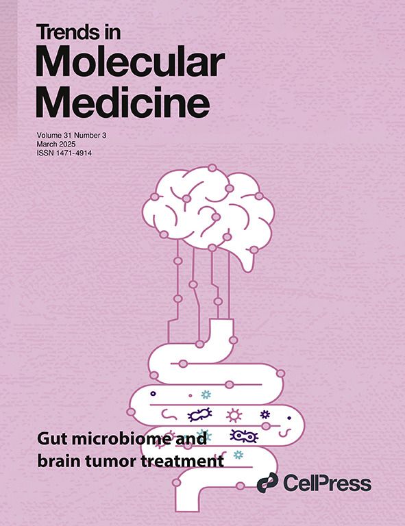 The cover of the March 2025 issue of Trends in Molecular Medicine featuring an article on the gut microbiome and brain tumor treatment.