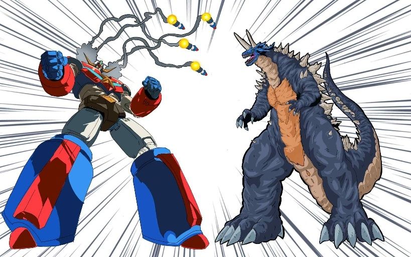 Seuprr Robot firing shoulder missiles vs horned lizard kaiju.