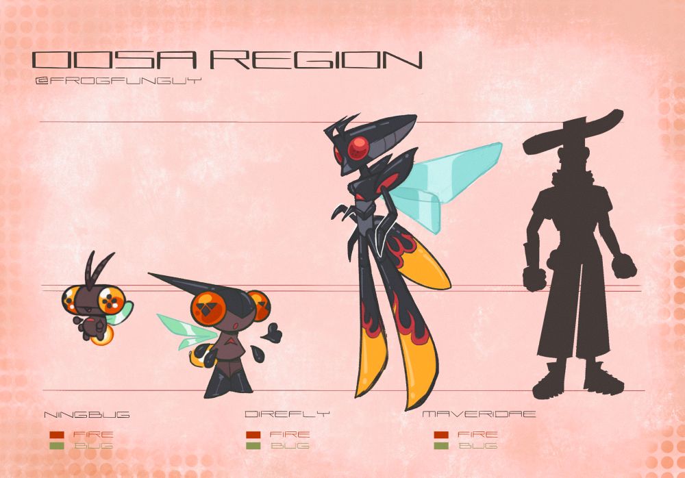 Lineup sheet of NINGBUG, DIREFLY, and MAVERIDAE, fire and bug-type starters from the (fake) OOSA region 