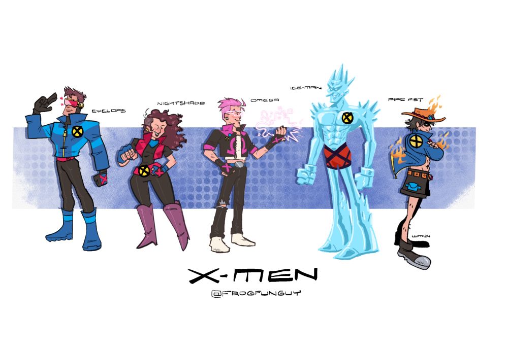 a fan drawing of a fictional x-men team compromised of Cyclops (Scott Summers), Nightshade (Kate Pryde), Omega (Quentin Quire), Ice-Man (Bobby Drake), and Fire First (Ace D. Portgas-Roger)