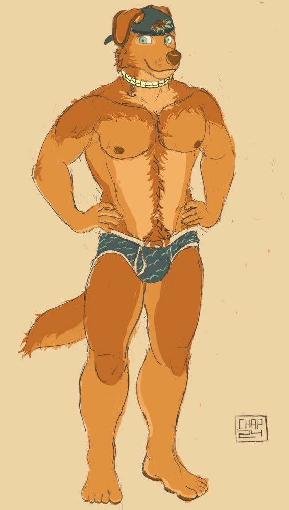 An anthro golden retriever stands with his hands on his hips wearing nothing but a pair of teal briefs with a seagull pattern and white trim. He’s got a confident expression that kind of looks like he’s asking you what you think. 