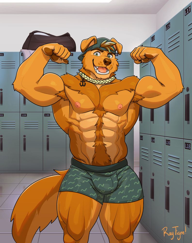 An extremely buff anthro golden retriever stands in a locker room, looking at himself in the mirror while flexing. He’s wearing green boxer briefs with a seagull kind of pattern. 