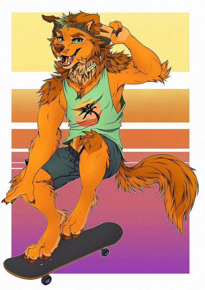 A very cool anthro golden retriever with a skateboard in the middle of a midair trick