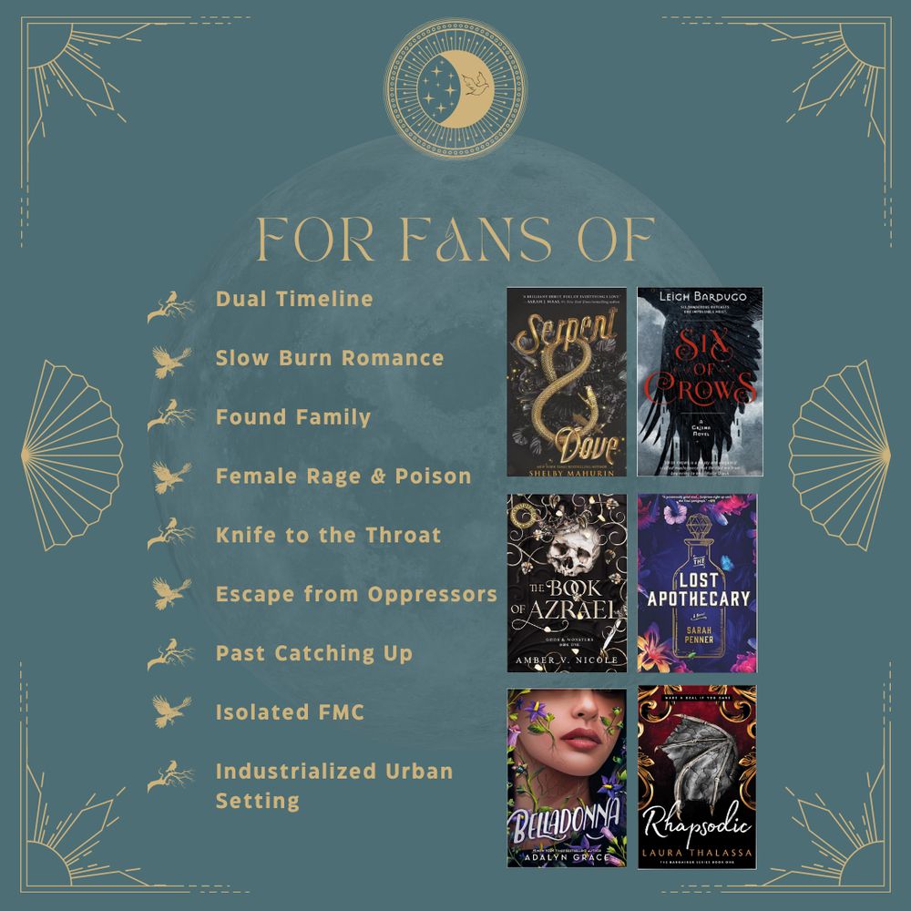 For Fans of:
- dual timeline
- slow burn romance
- found family
- female rage & poison
- knife to the throat
- escape from oppressors
- past catching up
- isolated FMC
- industrialized urban setting

Books:
- Serpent & Dove
- Six of Crows
- Book of Azrael
- Lost Apothecary
- Belladonna
- Rhapsodice