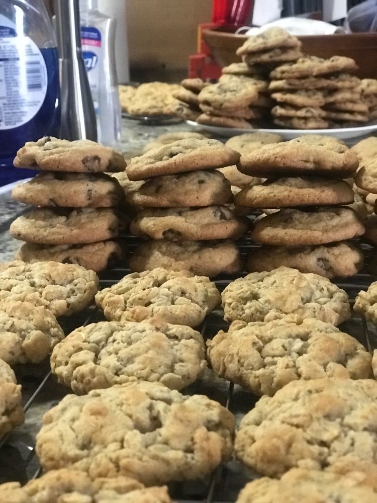 Photo of a kitchen counter lined with cooling freshly baked cookies.  In the foreground are oatmeal cookies and then just behind those are chocolate chip.  Stacked on a plate behind them are toffee chocolate chip and then in the very back are more oatmeal cookies. 