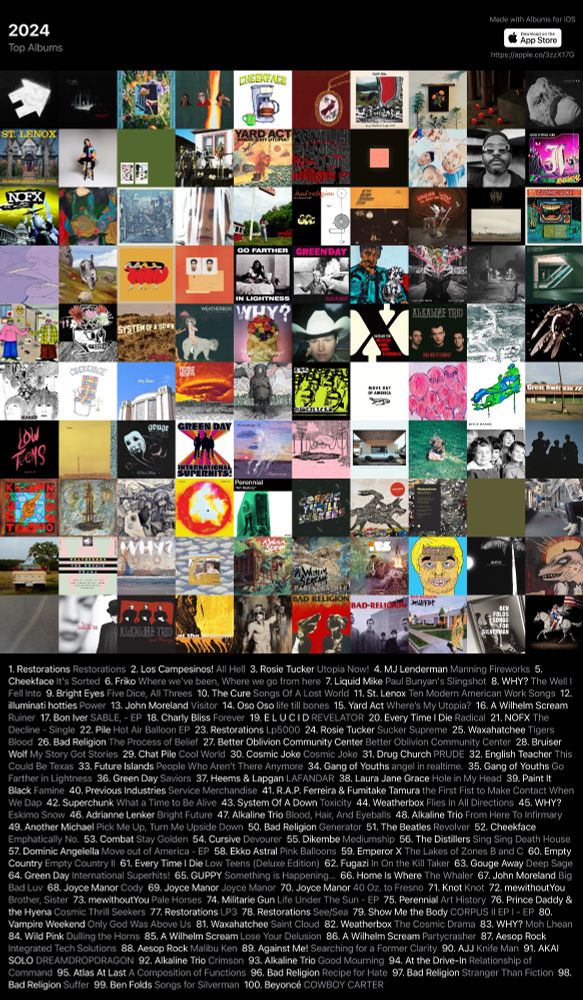 A 10x10 grid of my top albums of 2024, generated by Albums for iOS.