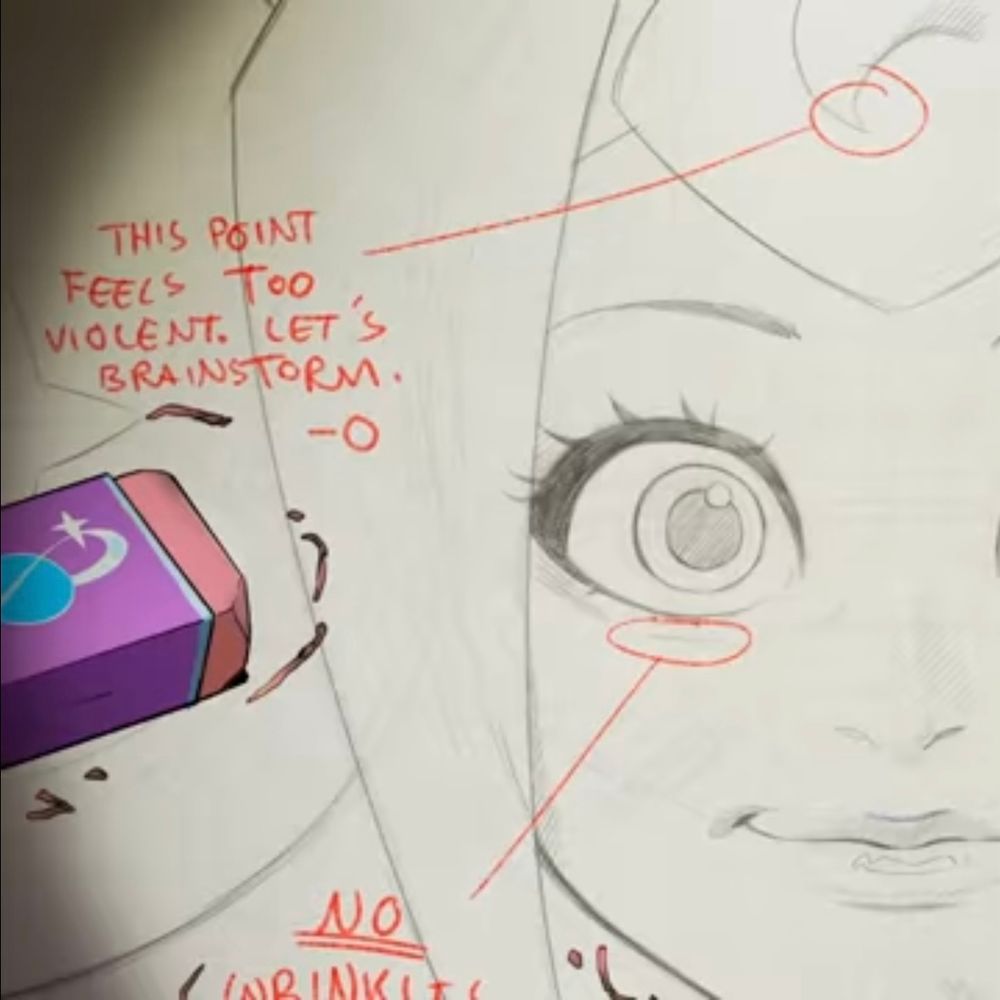 A screenshot from Knights of Guinevere featuring a pencil sketch of Guinevere. An eraser and eraser crumbs lay on top of the drawing. A point in Guinevere’s hair is circled in red pencil. A red line connects the circle to a note in red pencil reading, “THIS POINT FEELS TOO VIOLENT. LET’S BRAINSTORM. — O”