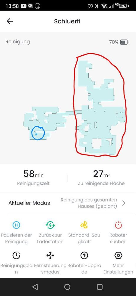 Screenshot einer Saugroboter app auf der abgearbeitete Flächen angezeigt werden und der Robi ausserhalb der Wohnung angezeigt wird