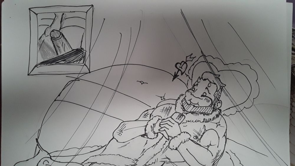 Kharlo in his bed and a robe pining over a particular picture.