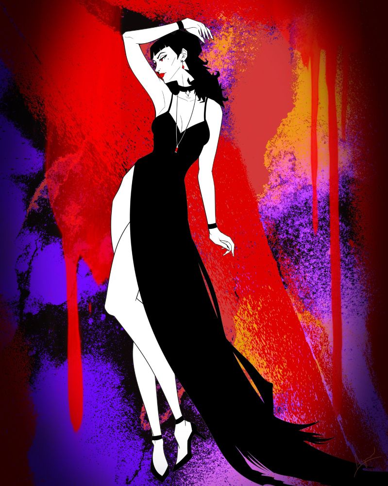 Full-body stylized portrait of a vampire wearing a long black dress showing signs of wear.  She has curly black hair, and her black and white color scheme is punctuated by pops of red on her lips, eyes, and jewelry.  The background is a vibrant red, purple, and orange abstract color splash with dripping reds resembling blood.
