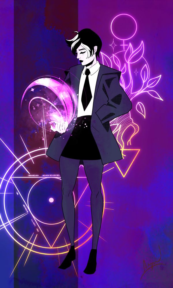 Stylized full-body drawing of a woman wearing dark academia style clothing consisting of a short jacket, blouse with dark tie, dark skirt, stockings, and dark shoes.  She has dark hair with light stripes and is casting a vibrant fuchsia spell.  Arcane symbols are behind her in the background which is otherwise a wash of deep blues and purples.