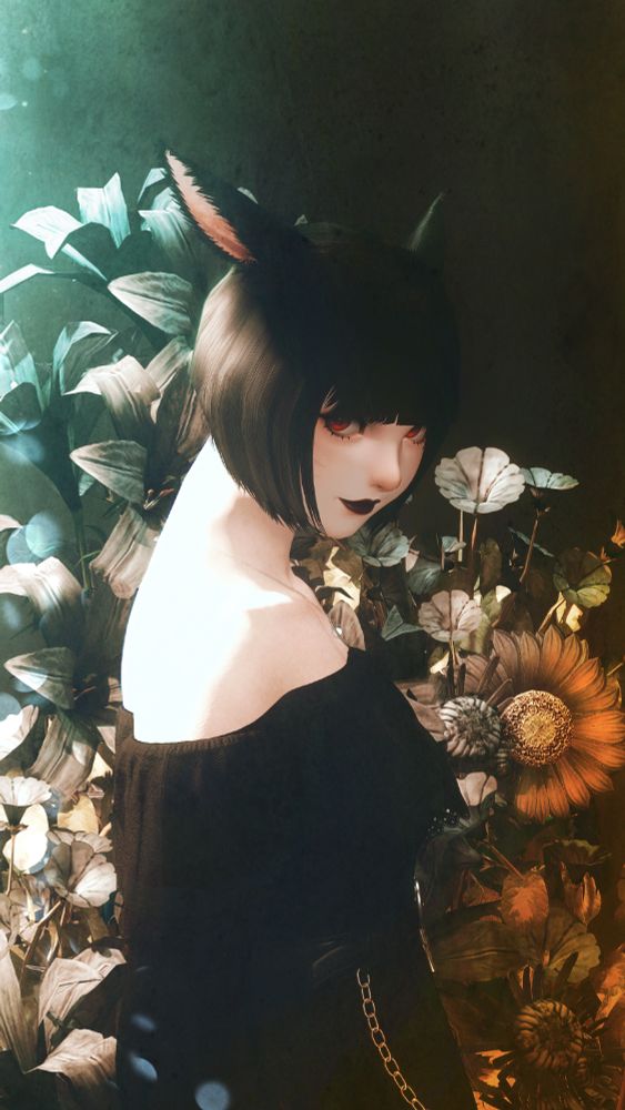 Half-body gpose of Aeryn. She is wearing a simple off-the-shoulder black dress and a delicate necklace. Behind her is an arrangement of flowers in desaturated blue and orange hues.  Light filters in behind her.  